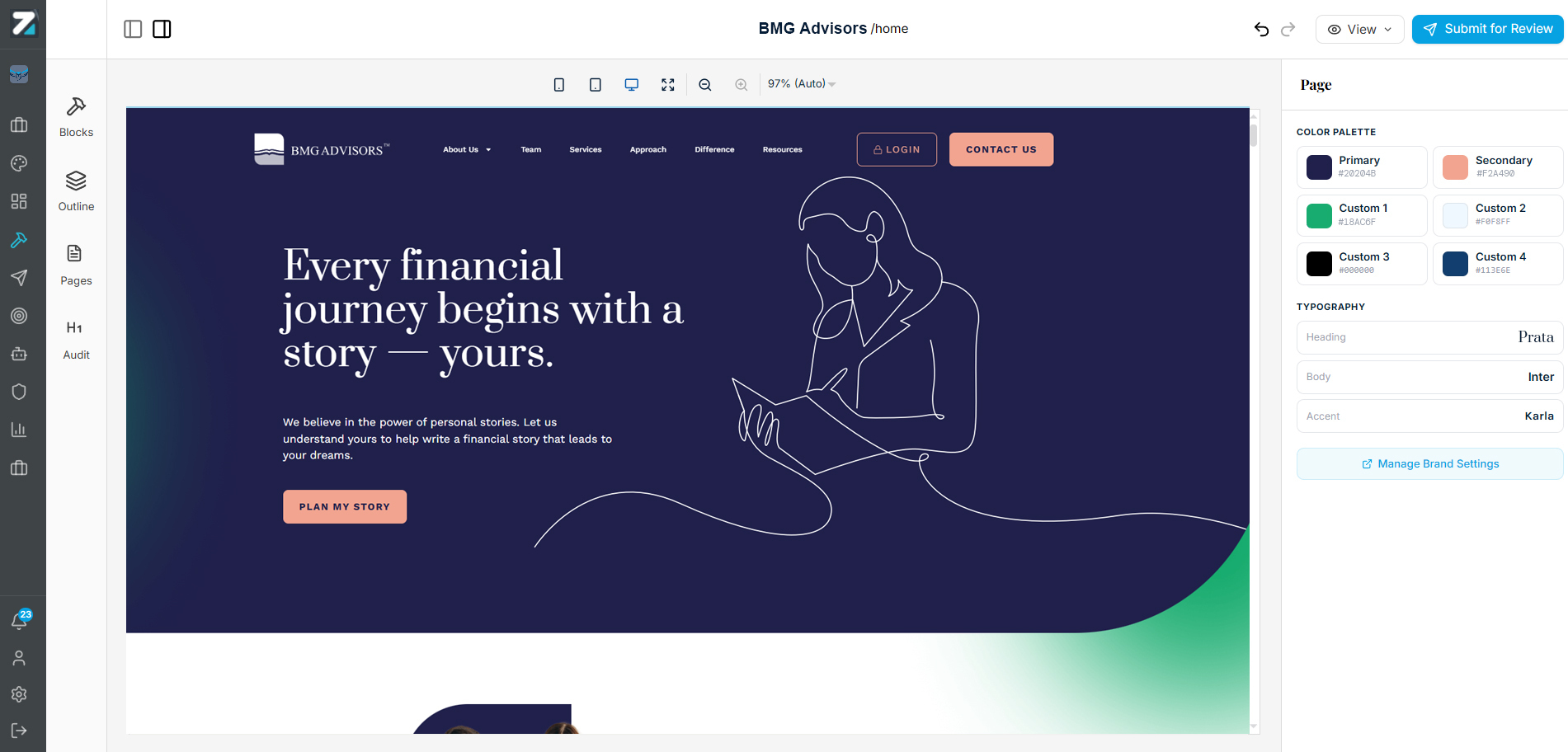 Azella AI platform showing a custom advisor website in the editor